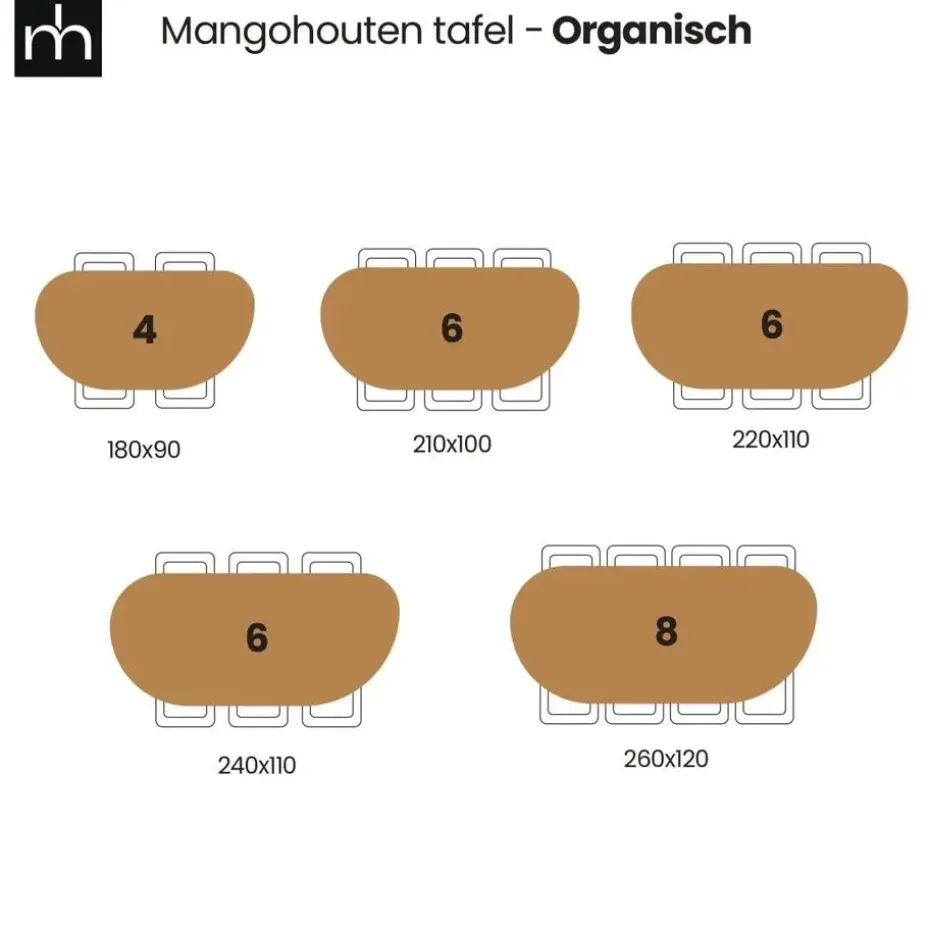 Mangohoutonline - Eettafel Organisch Alessia 240x110cm - Bruin - Mahom