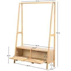 Massief houten kledingrek met rieten zitting