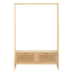Massief houten kledingrek met rieten zitting