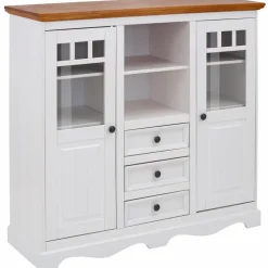 Melissa - Kast met 2 glazen deuren en 3 laden in wit grenen