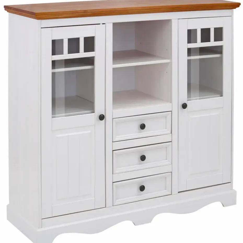 Melissa - Kast met 2 glazen deuren en 3 laden in wit grenen