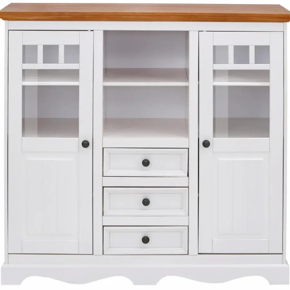 Melissa - Kast met 2 glazen deuren en 3 laden in wit grenen
