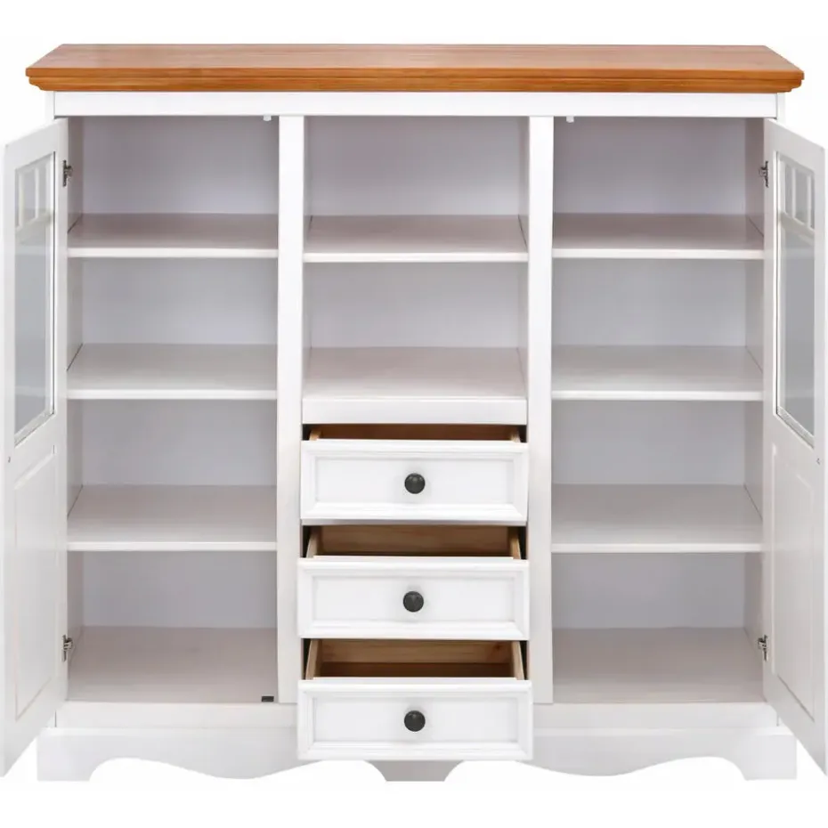 Melissa - Kast met 2 glazen deuren en 3 laden in wit grenen