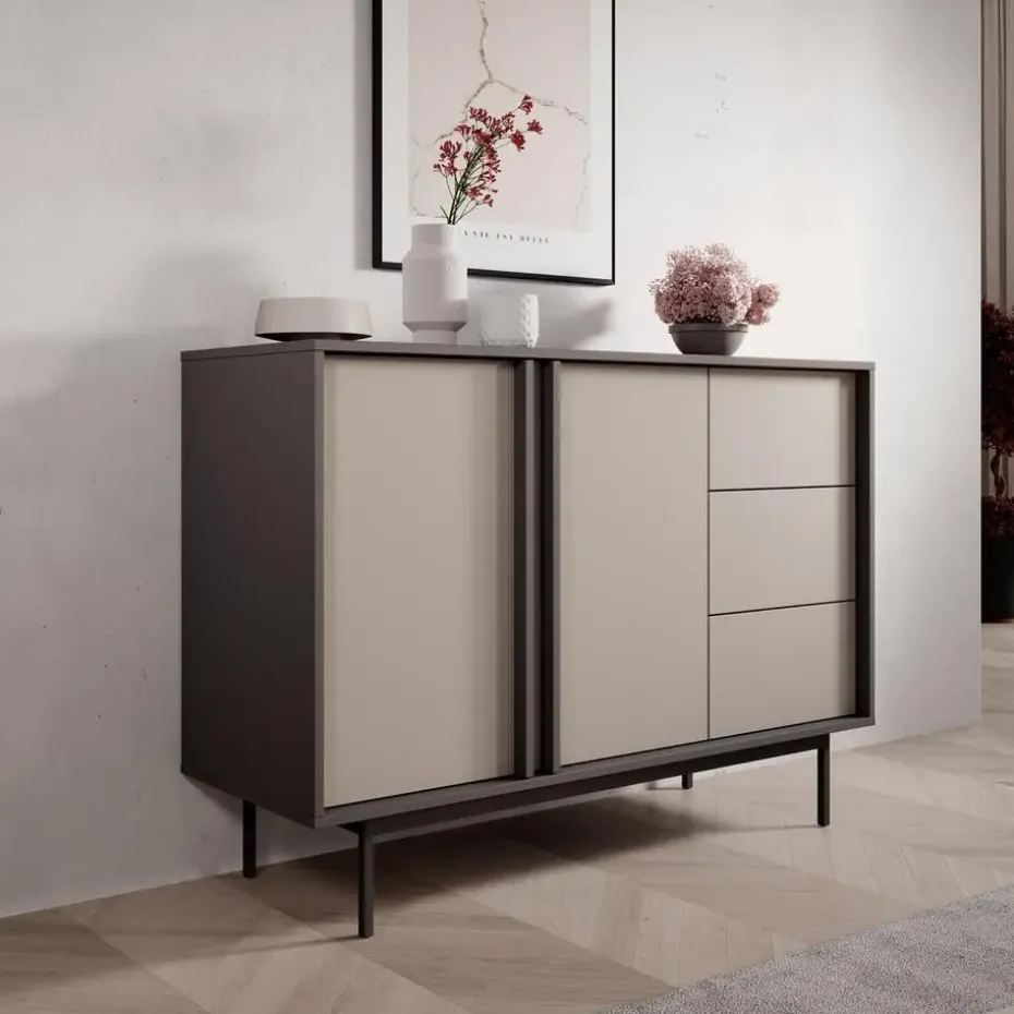 Meubella - Antigo - Dressoir - Beige/Antraciet - 123x43x87 cm