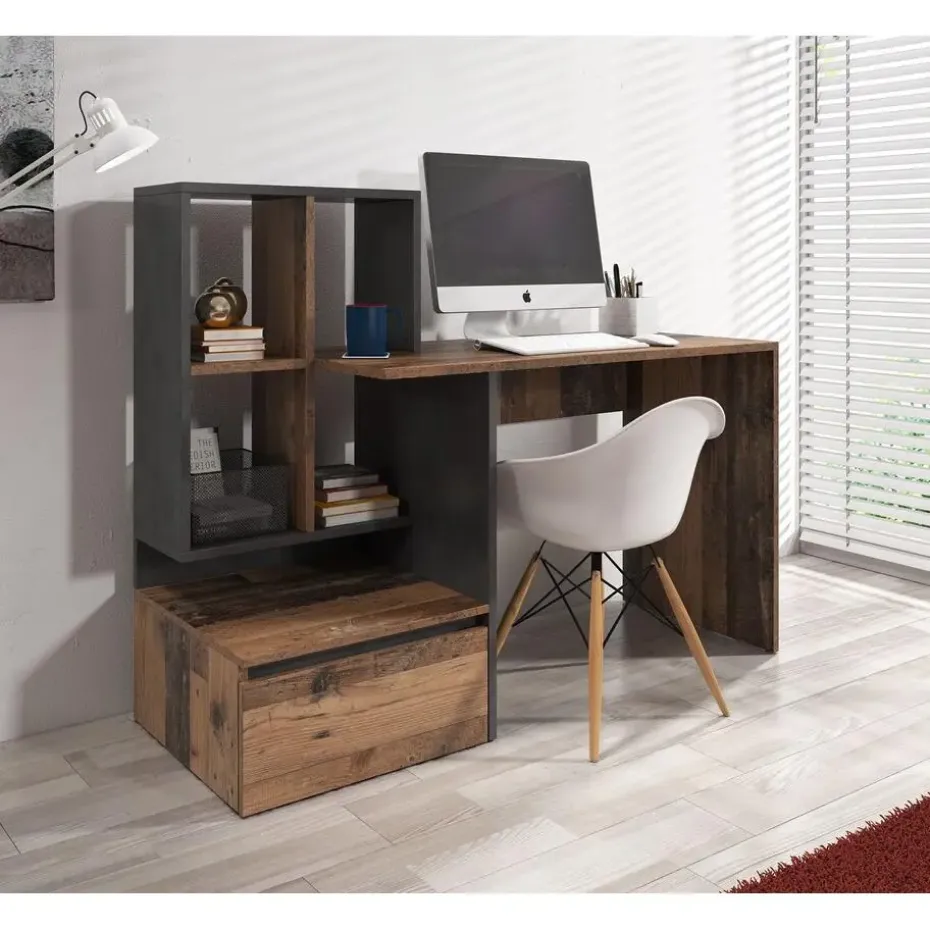 Meubella - Bureau Pierre 2 - Donker eiken - Antraciet - 145 cm