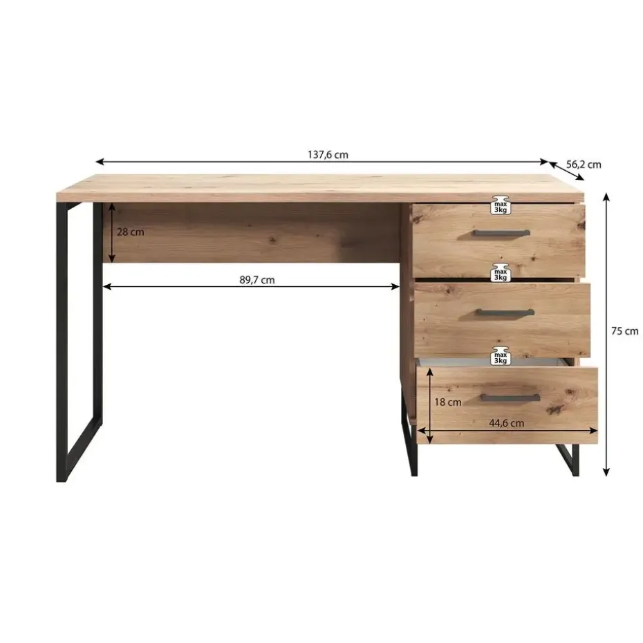 Meubella - Bureau Saturn - Eiken - Zwart - 138 cm
