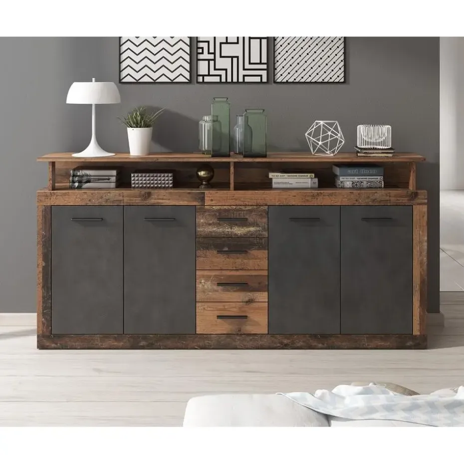 Meubella - Dressoir Lavina - Old wood - Antraciet - 190 cm