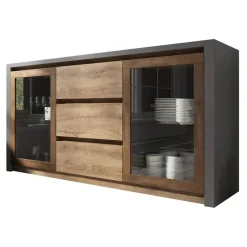 Meubella - Dressoir Monaco - Eiken - Grijs - 140 cm - Met glas