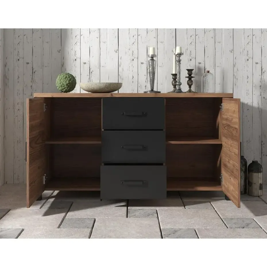 Meubella - Dressoir Olivia - Zwart - Eiken - 147 cm