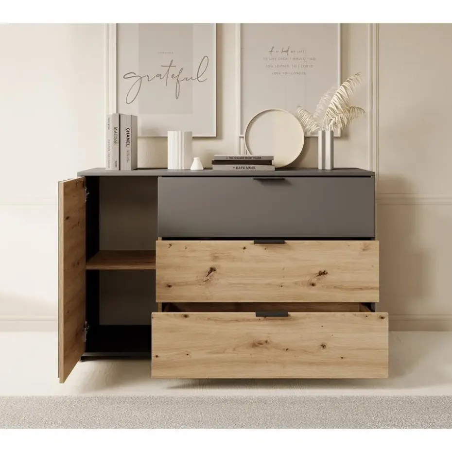 Meubella - Dressoir Roma - Grijs - Eiken - 125 cm