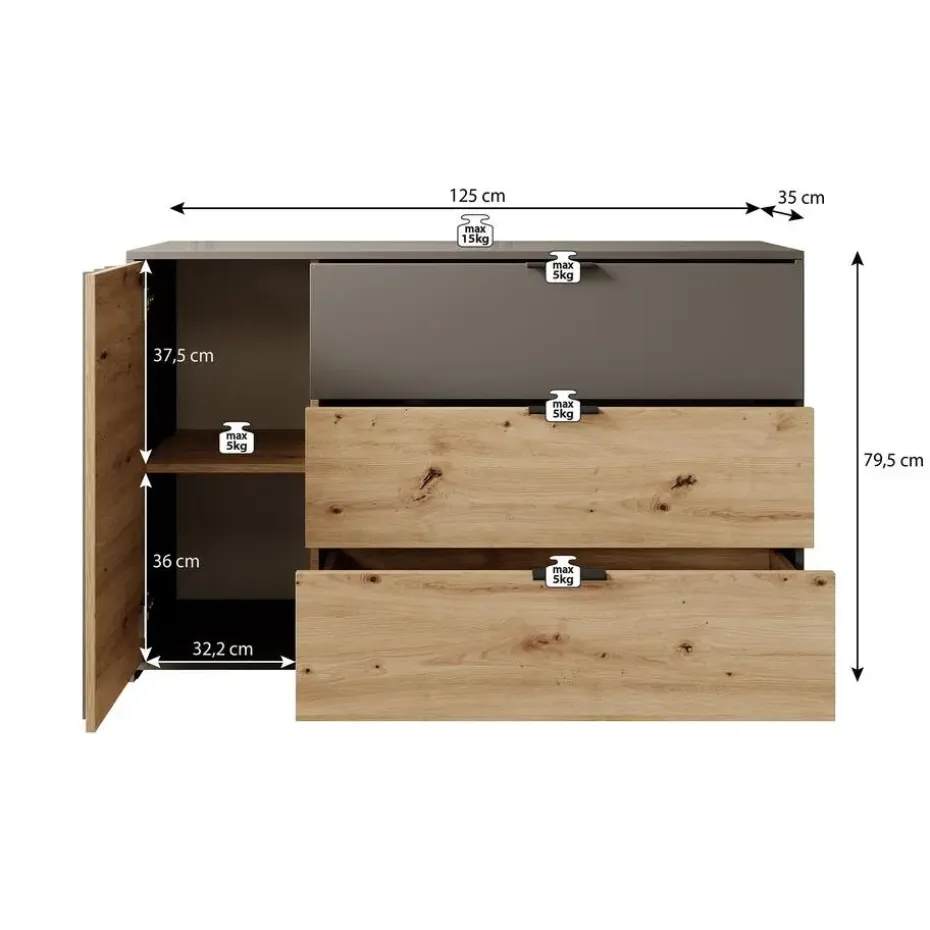 Meubella - Dressoir Roma - Grijs - Eiken - 125 cm
