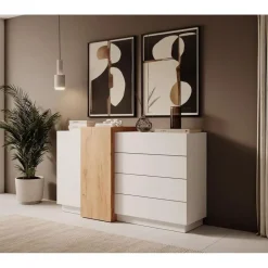 Meubella - Dressoir Three - Wit - Eiken - 160 cm