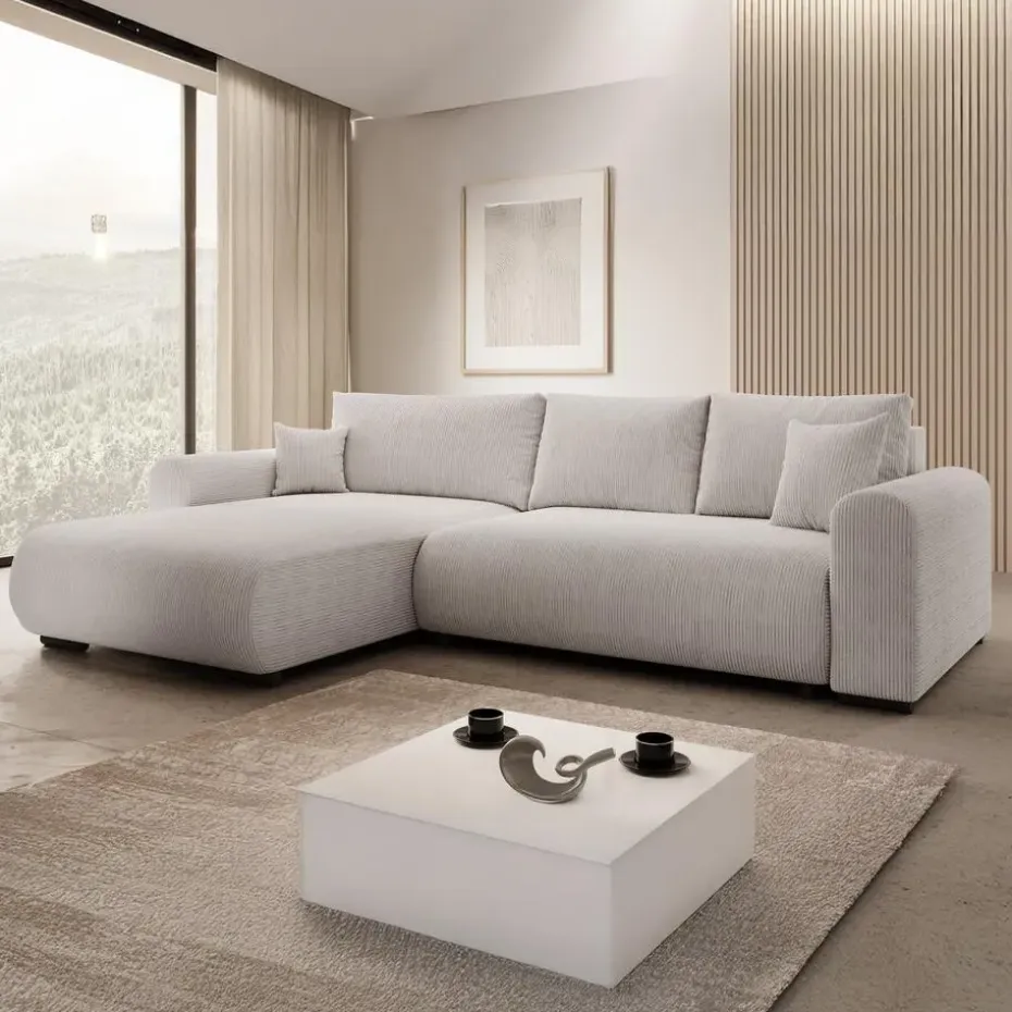 Meubella - Hoekbank Mindin - Beige ribstof - Universeel