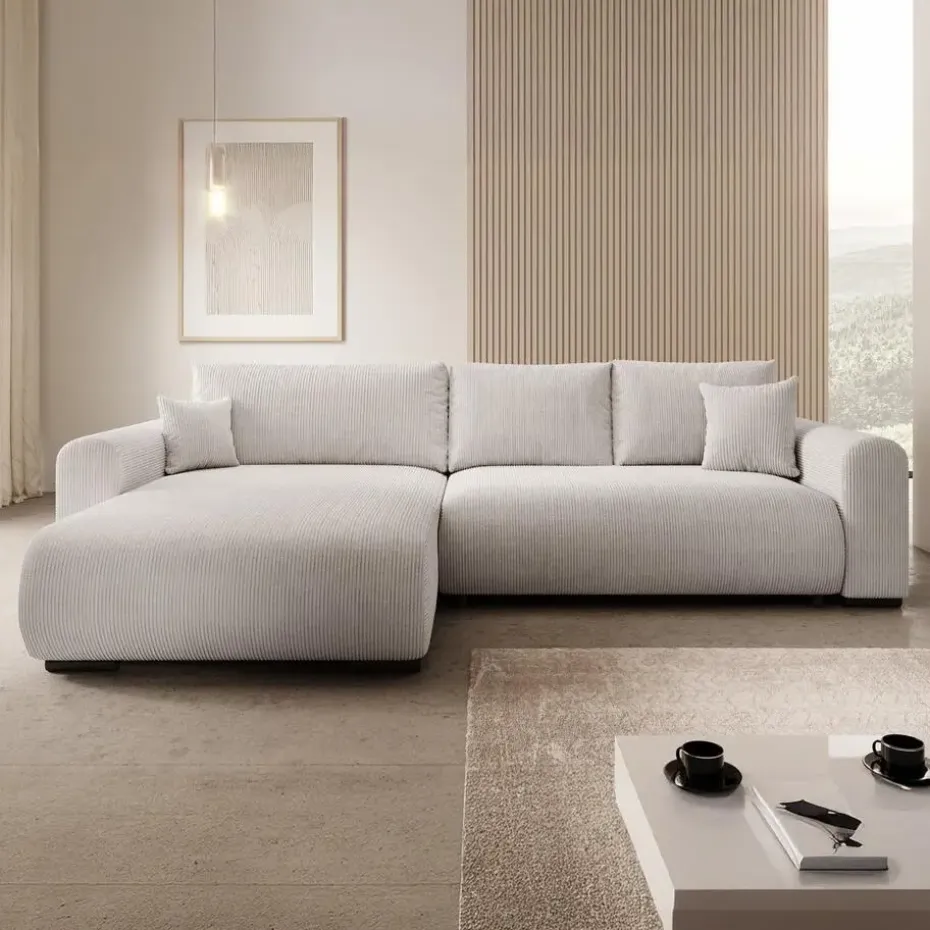 Meubella - Hoekbank Mindin - Beige ribstof - Universeel