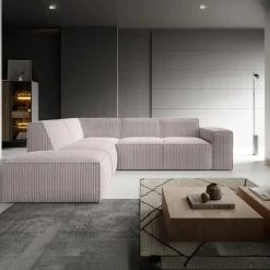 Meubella - Hoekbank Monet - Beige - Fluffy ribstof - Links