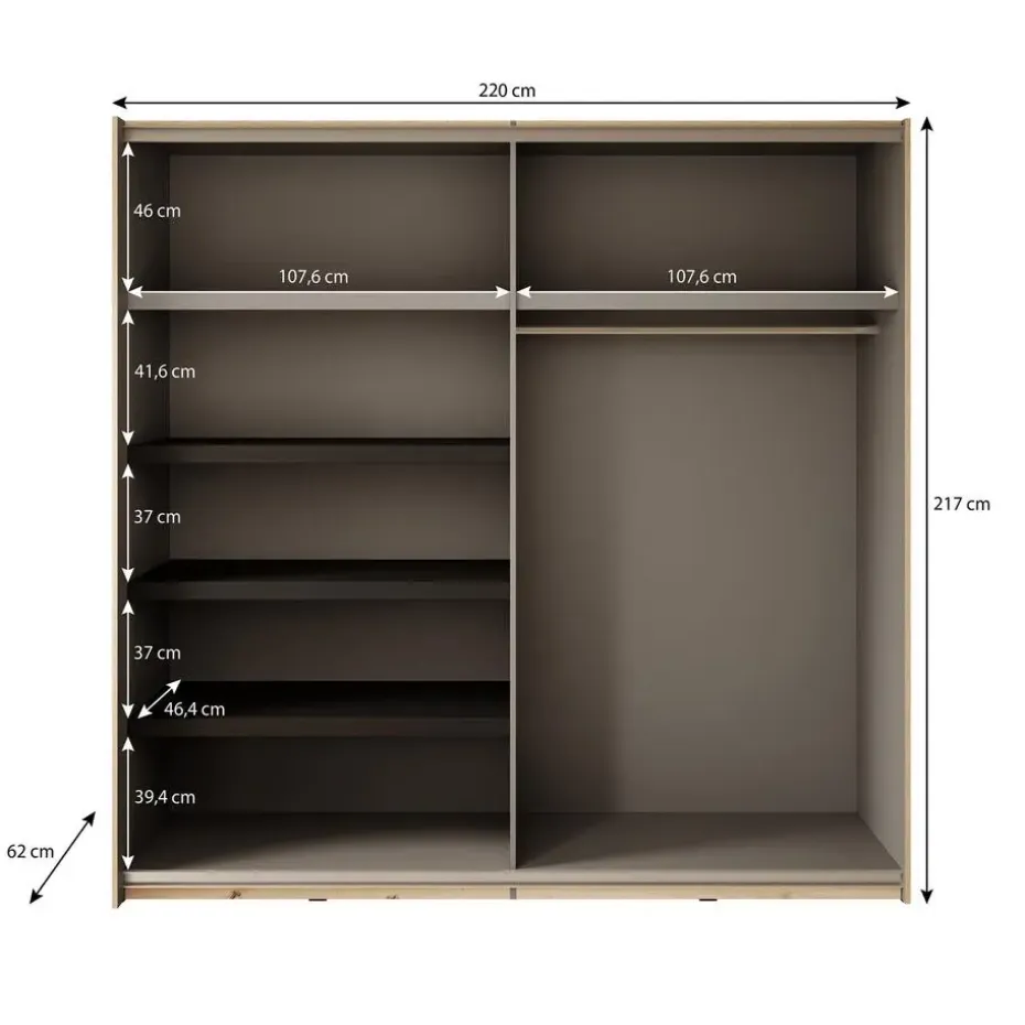 Meubella - Kledingkast Adyson - Eiken - 220 cm - Met spiegel