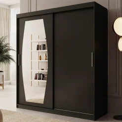 Meubella - Kledingkast Azai - Zwart - 180 cm - Met spiegel