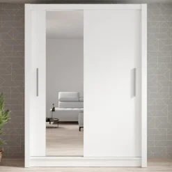 Meubella - Kledingkast Bazarre - Wit - 155 cm - Met spiegel