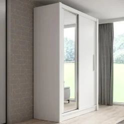 Meubella - Kledingkast Bazarre - Wit - 155 cm - Met spiegel