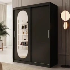 Meubella - Kledingkast Bodhi - Zwart - 150 cm - Met spiegel