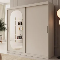 Meubella - Kledingkast Bodhi - Beige - 200 cm - Met spiegel