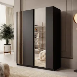 Meubella - Kledingkast Boets - Zwart - Eiken - 150 cm - Met spiegel