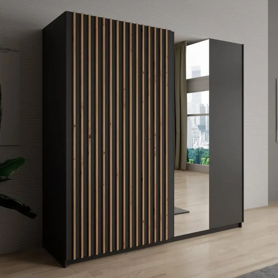 Meubella - Kledingkast Deliryon - Zwart - 200 cm - Met spiegel