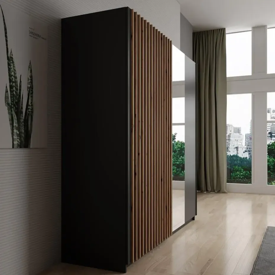 Meubella - Kledingkast Deliryon - Zwart - 200 cm - Met spiegel