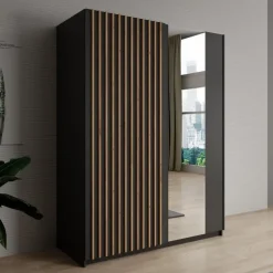 Meubella - Kledingkast Deliryon - Zwart - 150 cm - Met spiegel