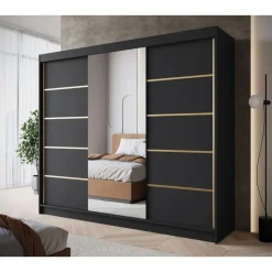 Meubella - Kledingkast Eagle - Zwart - 250 cm - Met spiegel