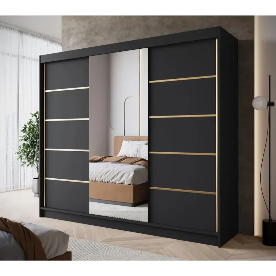 Meubella - Kledingkast Eagle - Zwart - 250 cm - Met spiegel