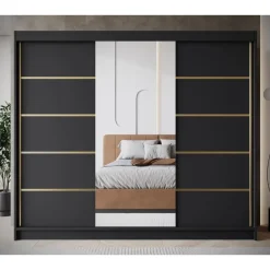 Meubella - Kledingkast Eagle - Zwart - 250 cm - Met spiegel