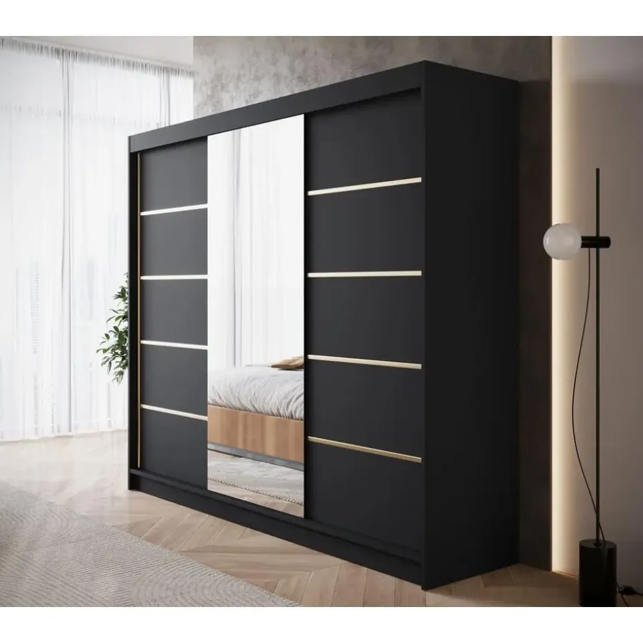 Meubella - Kledingkast Eagle - Zwart - 250 cm - Met spiegel