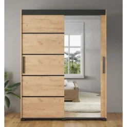 Meubella - Kledingkast Fabio - Eiken - 150 cm - Met spiegel