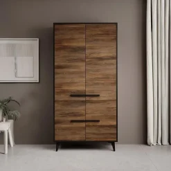 Meubella - Kledingkast Frey - Donker eiken - Zwart - 92 cm