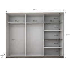 Meubella - Kledingkast Gina - Eiken - 270 cm - Met spiegel