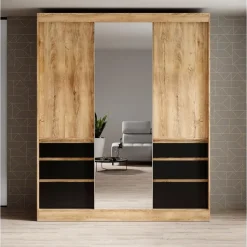 Meubella - Kledingkast Henry - Eiken - Zwart - 180 cm - Met spiegel