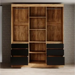 Meubella - Kledingkast Henry - Eiken - Zwart - 180 cm - Met spiegel