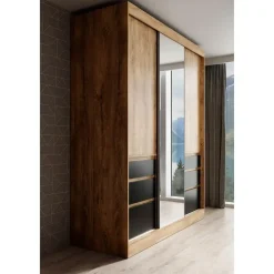 Meubella - Kledingkast Henry - Eiken - Zwart - 180 cm - Met spiegel