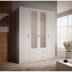 Meubella - Kledingkast Hinto - Wit - 160 cm - Met spiegel