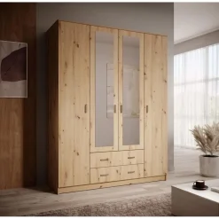 Meubella - Kledingkast Hinto - Eiken - 160 cm - Met spiegel