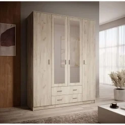 Meubella - Kledingkast Hinto - Grijs Eiken - 160 cm - Met spiegel