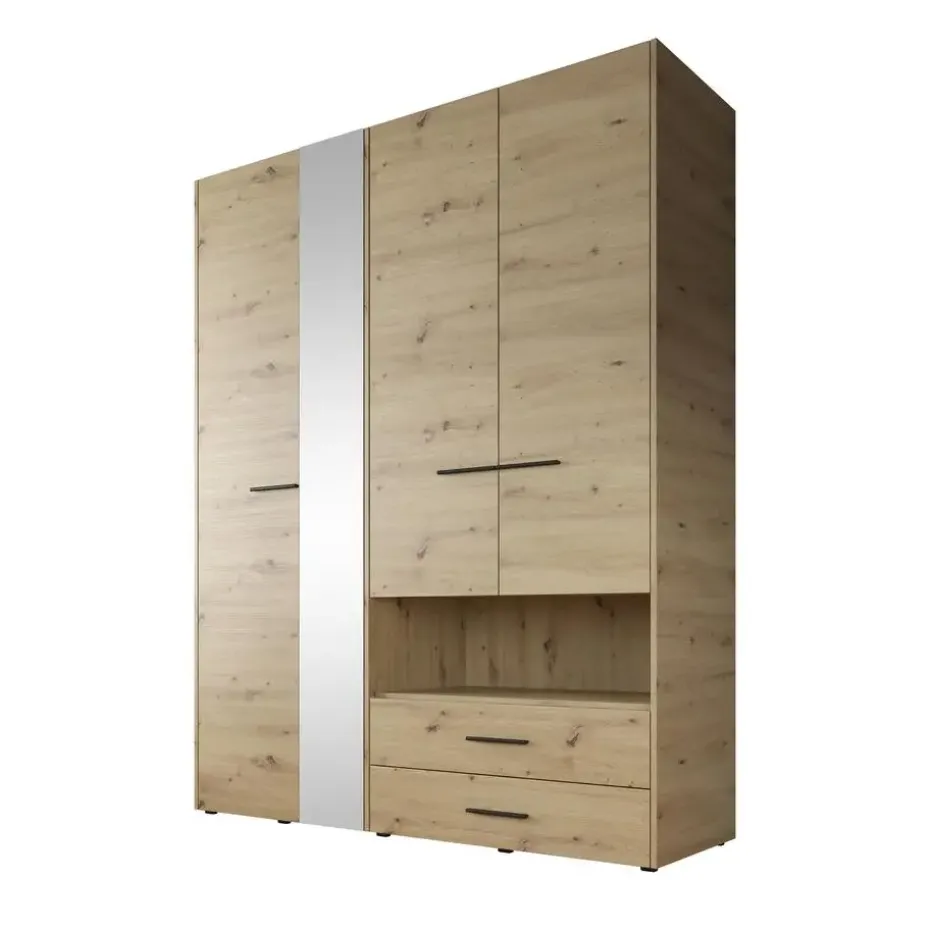 Meubella - Kledingkast Laura - Eiken - Zwart - 161 cm - Met spiegel