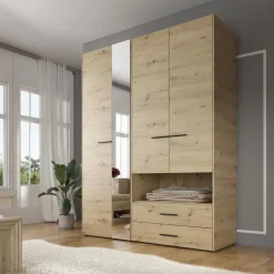 Meubella - Kledingkast Laura - Eiken - Zwart - 161 cm - Met spiegel