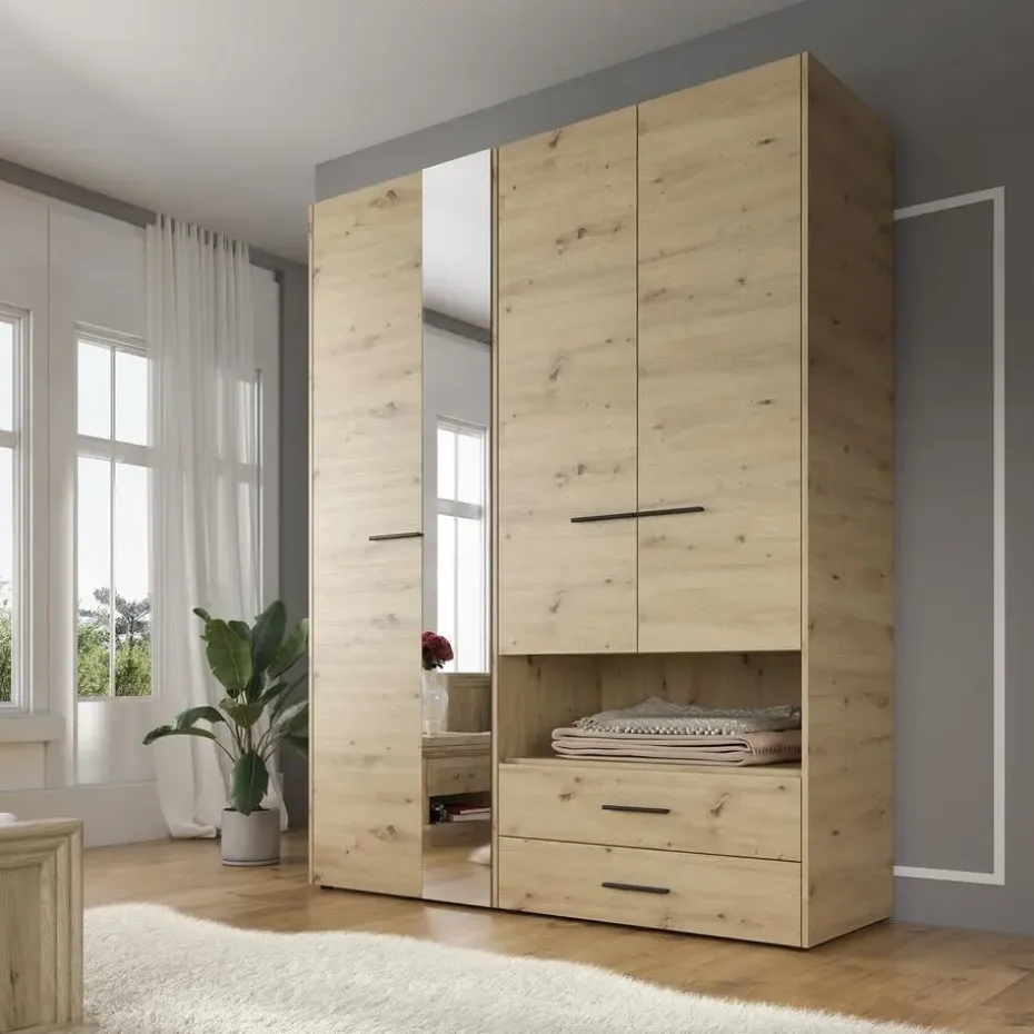 Meubella - Kledingkast Laura - Eiken - Zwart - 161 cm - Met spiegel