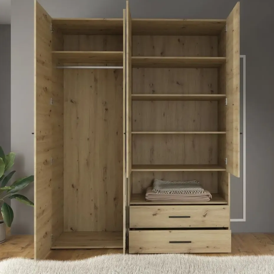 Meubella - Kledingkast Laura - Eiken - Zwart - 161 cm - Met spiegel