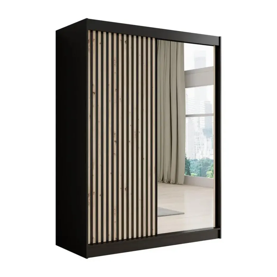 Meubella - Kledingkast Lisbon 2 - Zwart - 150 cm - Met spiegel