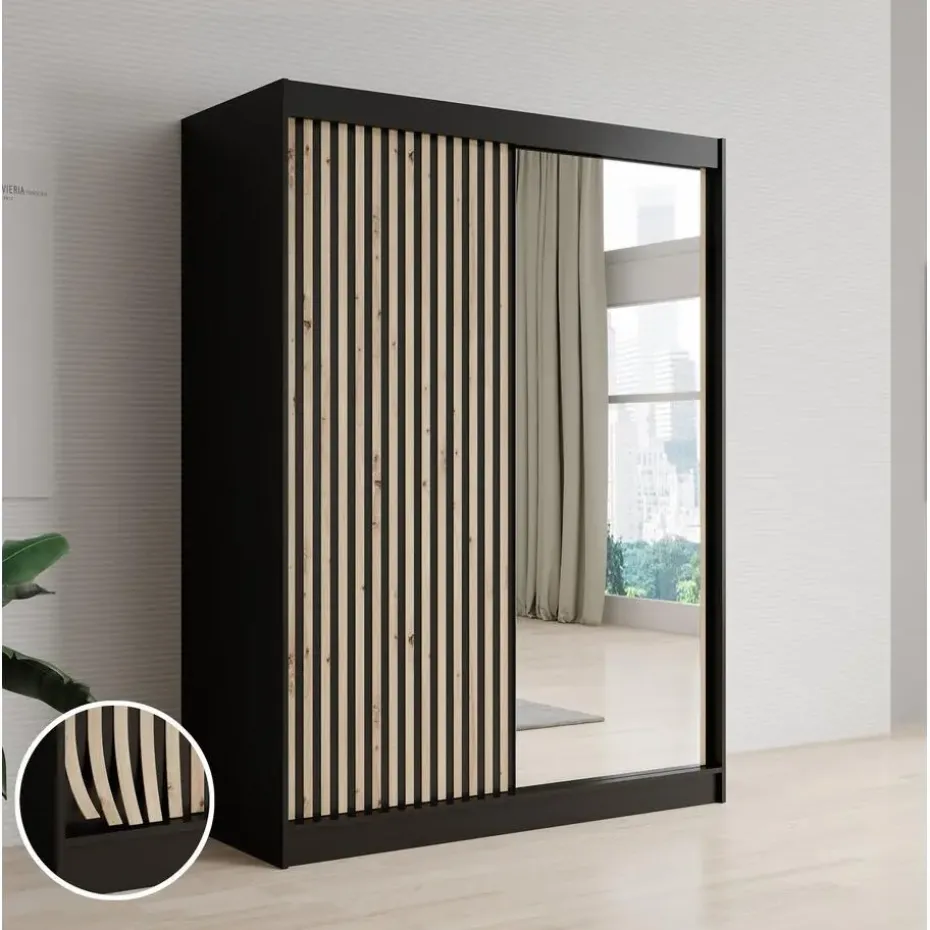 Meubella - Kledingkast Lisbon 2 - Zwart - 150 cm - Met spiegel