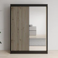 Meubella - Kledingkast Lisbon 2 - Zwart - 150 cm - Met spiegel