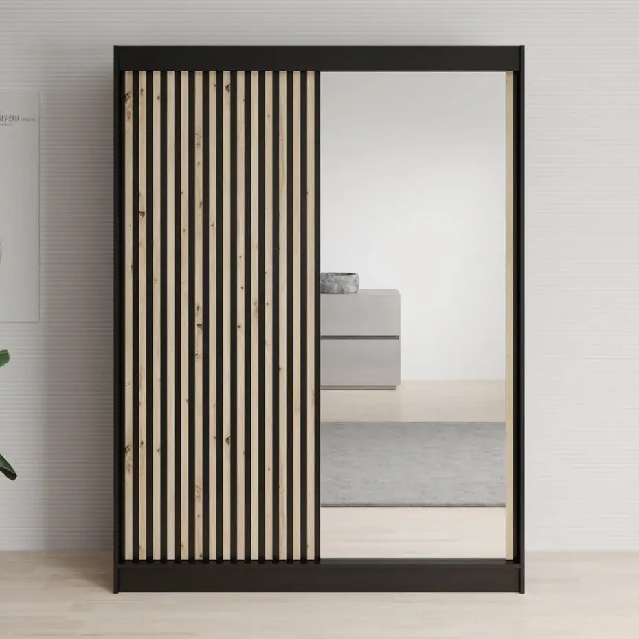 Meubella - Kledingkast Lisbon 2 - Zwart - 150 cm - Met spiegel